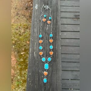 Navajo Betta Lee Spiny Oyster & Turquoise Heart SS Lariat & Earrings Set